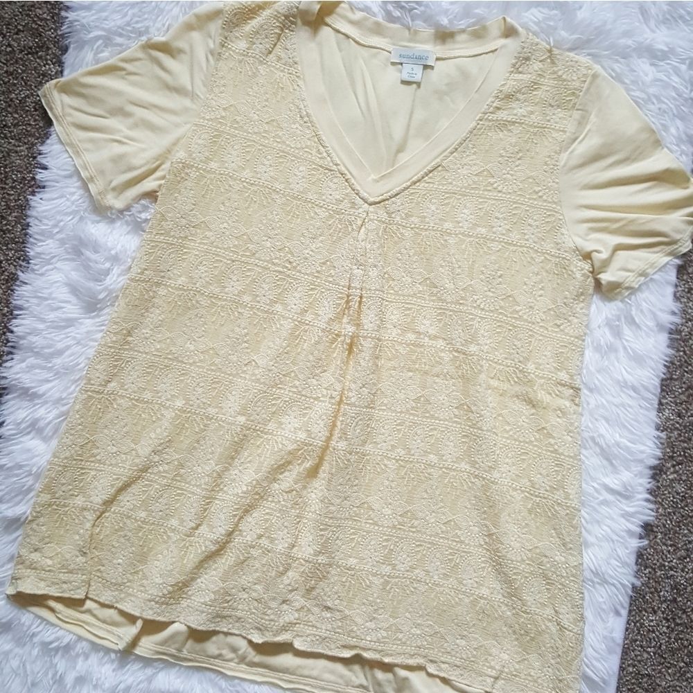 Sundance Top Silk Front Cotton Embroidered Yellow Short Sleeve Womens Size Small